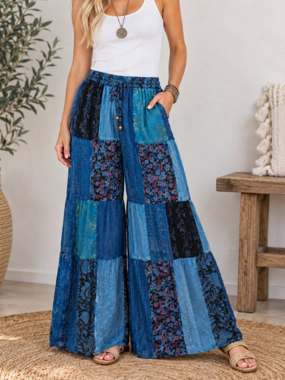 416. Women's Blue Boho Flared Patchwork Pants